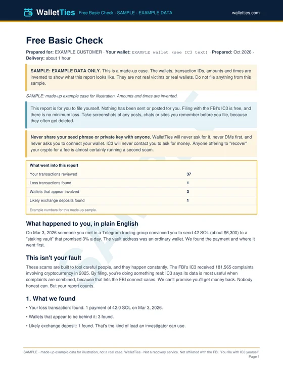 First page of the sample Free Evidence Check